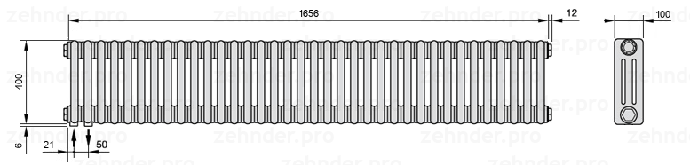 Схема (чертеж) Радиатор Zehnder Charleston 3040/36 №3370 Белый глянцевый RAL 9016